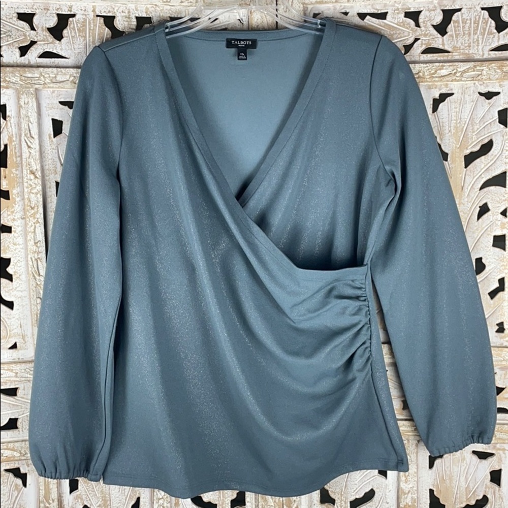 Talbots Faux Wrap Glimmer Cinched Side Top